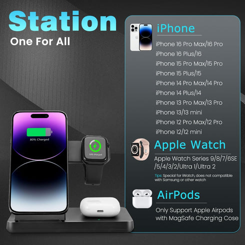 Magnetic 3 in 1 Charging Station for Multiple Devices,Mag-Safe Wireless Charger for iWatch & Airpods Pro 3 2, Foldable Charging Stand Dock for iPh...