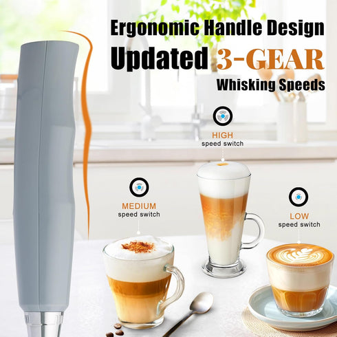 Nahida Cement Gray Milk Frother Wand for Coffee, Frother Handheld Rechargeable Electric Whisk with 3 Heads 3 Speeds Drink Mixer Coffee Frother Foa...
