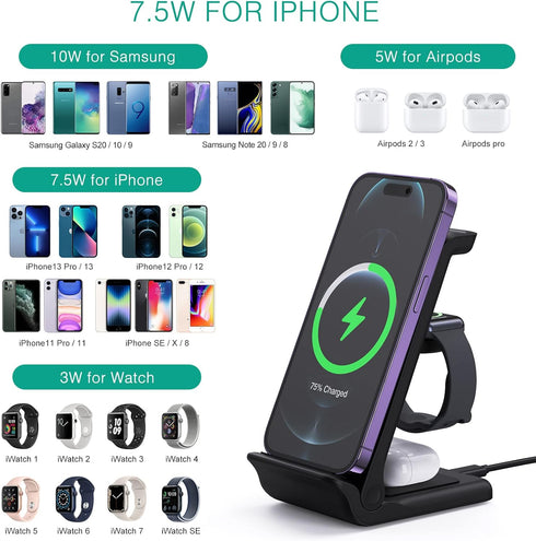 ORIA Wireless Charger, 3 in 1 Foldable Wireless Charging Stand, 15W Fast Wireless Charger, Compatible for iOS Phone 11/12/13/14/Pro/Max/i Watch/Ea...