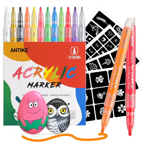 ANTIKE 12 Colors Washable Acrylic Markers Paint Pens Set with 104 Stencils,Acrylic Paint Pens for Rock Painting,Metal,Plastic,Ceramic,Canvas,Wood,...