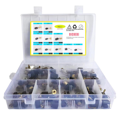 RICHERI 60 Pcs Electric Motor Carbon Brushes 10 Different Sizes for Replacement Repair Power Tool Part...