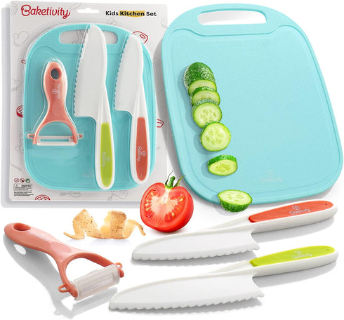 Baketivity Kid Safe Plastic Knives For Real Cooking With Cutting Board, Peeler For Kitchen - Knife Set With Blunt Tip, Dishwasher Safe, BPA Free K...