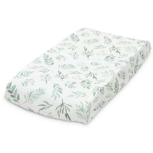 Organic Muslin Changing Pad Cover - Fitted Baby Changing Mat, Soft and Breathable, Eucalyptus Leaves, 16”x32”...