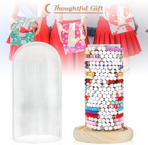 Aolamegs Friendship Bracelets Organizer With Lights, Glass Jewelry Organizer Jewelry Holder With Rustic Wooden Base, Concert Bracelets Stand for S...