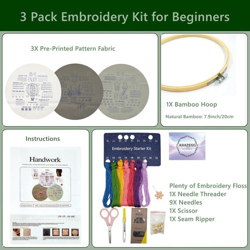 Ahapego Embroidery Kit for Beginners Adults, 3 Sets Hand Embroidery Kit DIY Crafts, Embroidery Stitch Practice Kits with Stamped Pattern, Easy to ...
