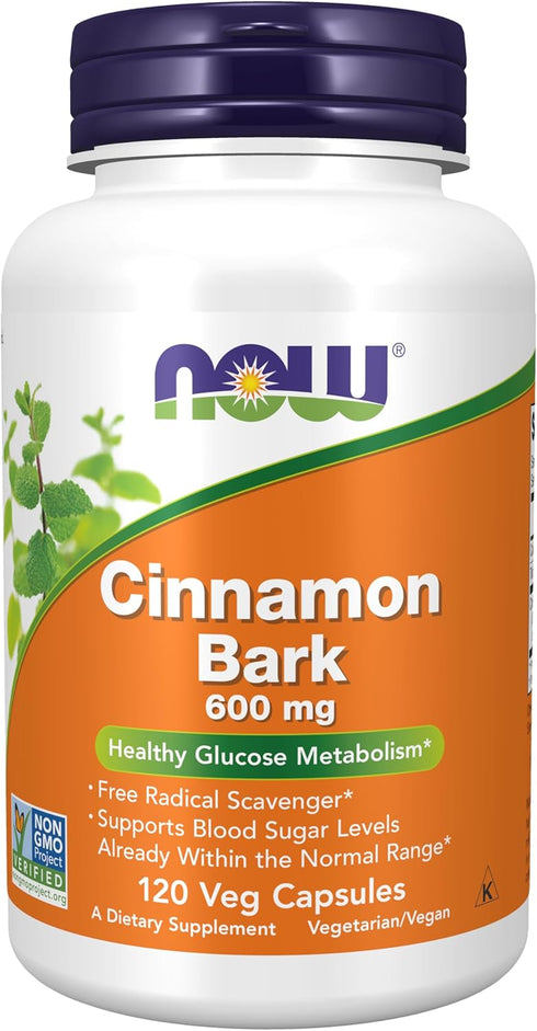NOW Supplements, Cinnamon Bark 600 mg, Non-GMO Project Verified, Healthy Glucose Metabolism*, 120 Veg Capsules...