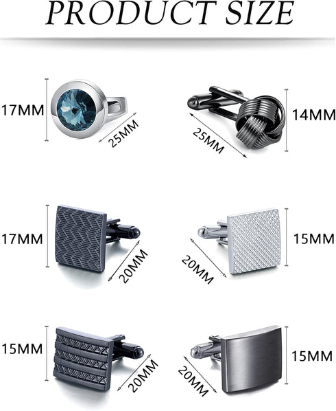 Akeoqi 6 Pairs Cufflinks for Men Classic Tone Cufflinks Black Striped Disc Square CZ Spherical Knot Rectangle Cuff Links Shirt Suit Cufflinks...