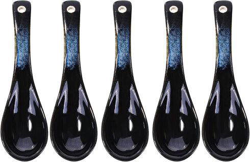Japanese Ceramic Soup Spoon set of 5 Table spoons for Meals Soups and Ice creams Microwave and Dishwasher Safe Blue and Black...