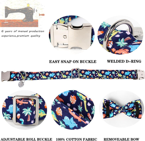DOGWONG Dinosaur Dog Collar with Bowtie - Blue Dog Bow Collar Boy Dog Collars with Bow Adjustable Dinosaur Bowtie Collar for Small Medium Large Do...