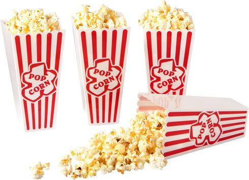 Plastic Popcorn Containers Red & White Striped Retro Style Reusable Popcorn Boxes for Movie Night 4”x8” (4 Pack)...