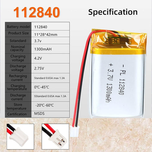 3.7V 1300mAh 112840 Lipo Battery Rechargeable Lithium Polymer ion Battery Pack with JST Connector...