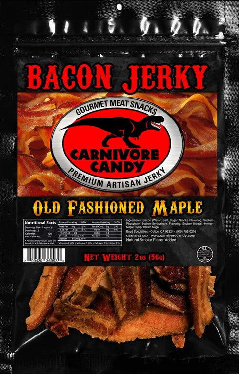 JURASSIC JERKY’S Carnivore Candy Bacon Jerky “Sweet” Sampler - Old Fashioned Maple - Applewood Smoke Flavor - (2) 2 oz bags....