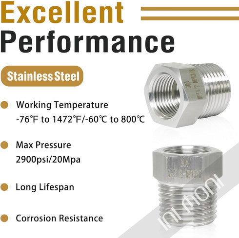 stainless steel reducer Hex bushing, 3/8 male to 1/4 female NPT thread reducing adapter for water line gas oil air hose fuel hydraulic pipe fittin...