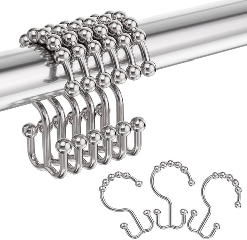 Amazer Shower Curtain Hooks, Plastic Double Shower Curtain Rings, Shower Hooks for Bathroom Shower Curtain Rod - Set of 12, Nickel...
