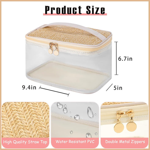 Boho Large Clear PVC Waterproof Makeup Bag with handle, Transparent Zipper Cosmetic Bag for Travel, Beach Bag for Sun screen Skincare (01Large siz...