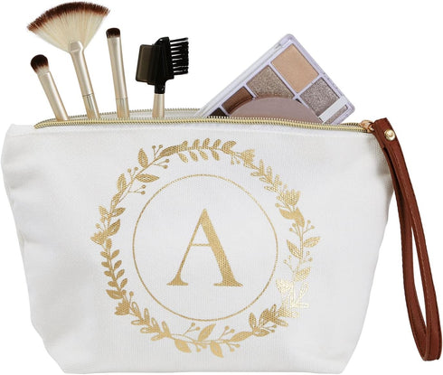 Gold Initial A Personalized Makeup Bag for Women, Monogrammed Canvas Cosmetic Pouch (White, 10 x 3 x 6 In)...