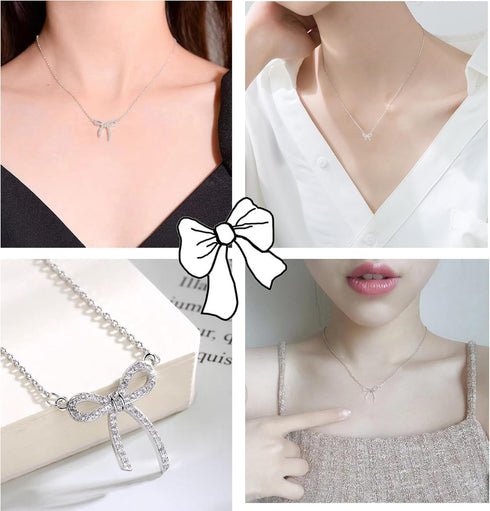 Rhinestone Bow Necklace for Women, Tiny Dainty 14K Gold Plated Bowknot Pendant Choker Necklace Makes A Cute Bow Jewelry Gift for Women Girls...