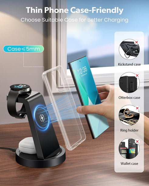 Wireless Charger for Samsung: 3 in 1 Wireless Charging Station for Samsung Galaxy Watch 7 6 5 4 3 Pro Classic Galaxy Buds - Charger Dock Stand for...
