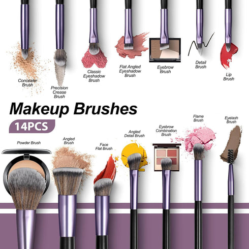 Travel Makeup Brush Set with LED Mirror, Professional and Mini Makeup Brushes Set 14Pcs, Eye Shadows Makeup Set Storage Box (Purplish Black)...