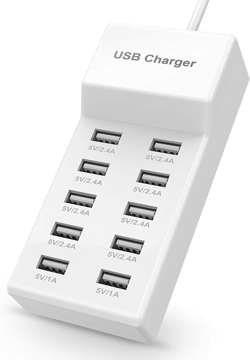 USB Charger Station Block with Rapid Charging Auto Detect Technology Safety Guaranteed 10-Port Family-Sized Smart USB Ports for Multiple Devices S...