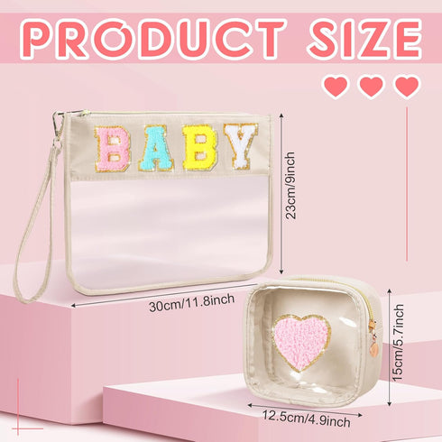 Hillban 2 Pcs Gifts Chenille Letter Bags Preppy Patch Makeup Bag Flat Clear Pouch PVC Organizer Purse Waterproof Travel Cosmetic Bag Portable Toil...