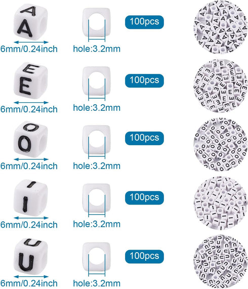 FASHEWELRY 500Pcs Vowel Cube Acrylic Letter Beads 6x6mm White A/E/I/O/U Initial Alphabet Beads for DIY Bracelet Necklace Jewelry Making...