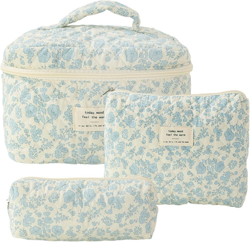 3 Pcs Cotton Quilted Makeup Bag Set, Floral Cotton Cosmetic Bag, Cute Makeup Bag, Aesthetic Toiletry Travel Organizer Bag for Women Girls (A)...