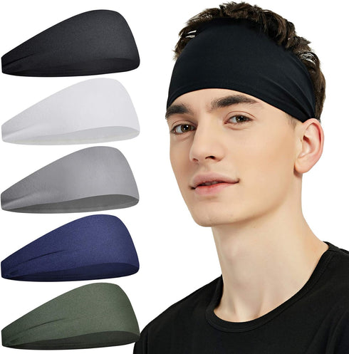 Sports Headbands for Men (5 Pack),Moisture Wicking Workout Headband, Sweatband Headbands for Running,Cycling,Football,Yoga,Hairband for Women and ...