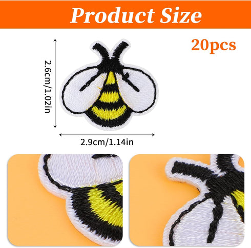 20 PCS Bee Embroidered Patches Bee Shape Patches Bee Buttons for Sewing Applique Patch Cute Fabric Tiny Iron On Embroidered Patches Decoration for...
