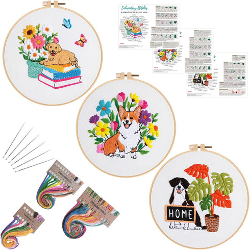 Louise Maelys 3 sets Dog Embroidery Kits for Beginners with Animal and flowers pattern,Adults Starter Cross Stitch Kit DIY Needlepoint Kits...