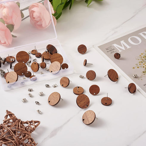 Pandahall 18 Pairs Flat Round Walnut Wood Earring Studs 3 Sizes Wooden DIY Making Kits with Stainless Steel Ear Nuts for Handmade Earrings...