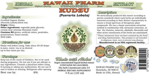 Hawaii Pharm Kudzu Alcohol-Free Liquid Extract, Organic Kudzu (Pueraria lobata) Dried Root Glycerite Natural Herbal Supplement 2 oz...