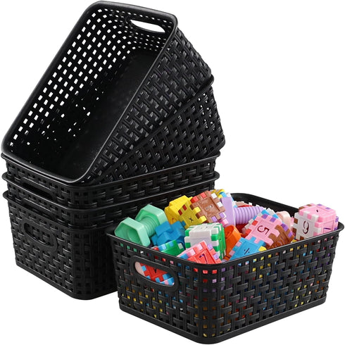 6 Pack Plastic Pantry Weave Storage Basket Bin, Black...