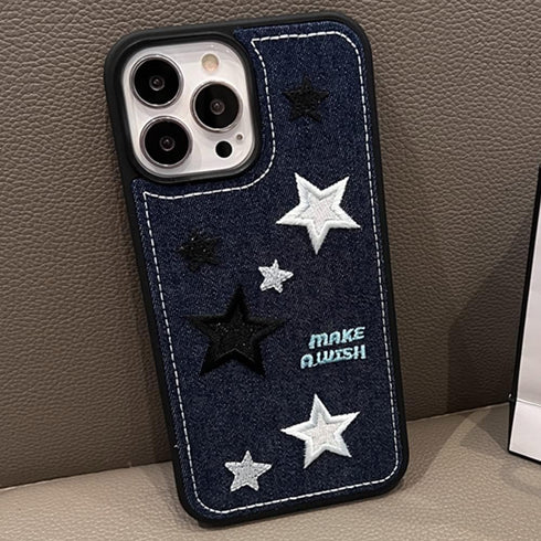 Casechics Compatible with iPhone Case,Cool Denim Fabric Embroidery Star Silicone Camera Lens Protection Soft Shockproof Cover Phone Case (Blue,iPh...