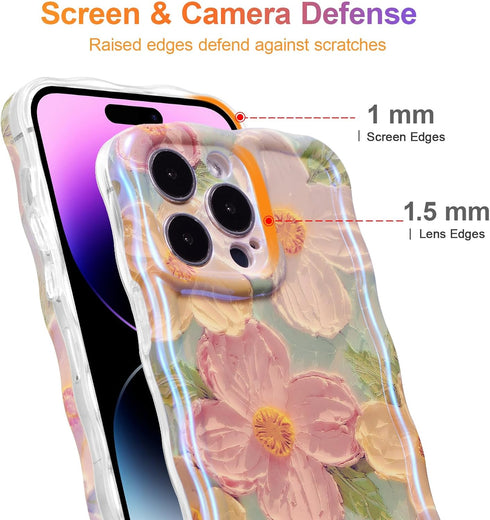 EYZUTAK Case for iPhone 14 Pro Max, Colorful Retro Oil Painting Printed Flower Laser Glossy Pattern Cute Curly Wave Edge Exquisite Stylish Durable...