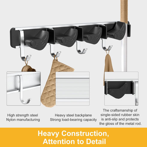 Wall-Mounted Mop and Broom Holder, 4 Positions with 4 Removable Metal Hooks, Kitchen and Garden Tool Organizer, Pantry Storage Hanger for Home Ess...