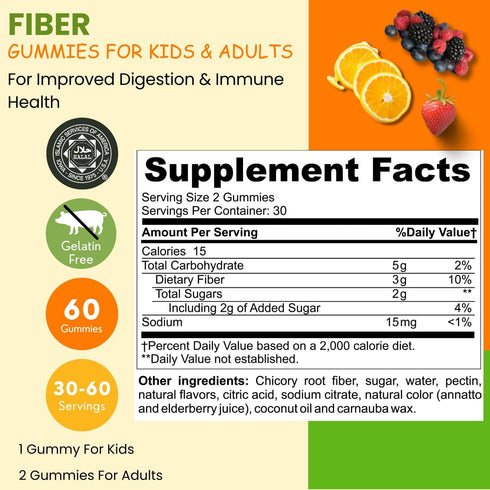 Halal & Gluten Free Fiber Gummies for Kids & Adults | 3g, 30-60 Servings | 60 Gummies | Improves Digestive Health, Immunity & Gut Health | Vegan P...