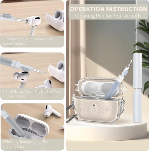 for Airpods Pro 2nd/1st Generation Case with Lock, Sun and Moon Engraved Airpod Pro Case 1&2 Protective Cover with Cleaner Kit&Keychain&Lanyard fo...
