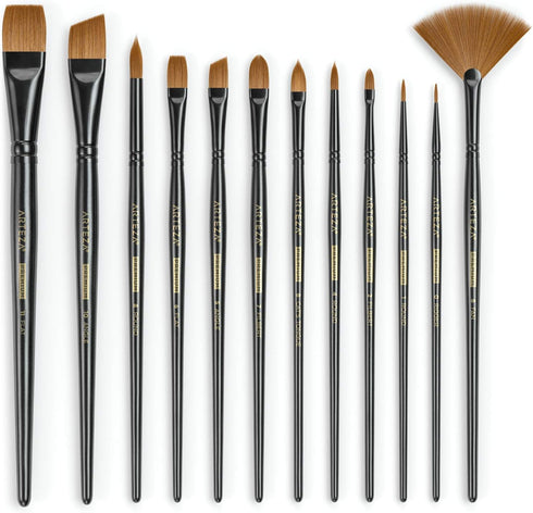 ARTEZA Paint Brushes, Set of 12, Premium Synthetic Brushes with Brass Ferrules & Wooden Handles...