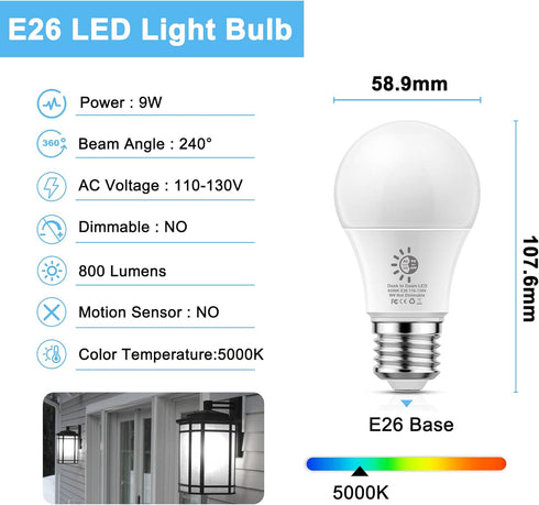 Dusk to Dawn Light Bulbs Outdoor, A19 LED Sensor Light Bulb, 9W(60W Equivalent), Automatic On/Off Photocell, Daylight White 5000K Porch Light, E26...