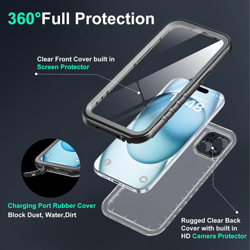 SOKUSIN for iPhone 15 Case Waterproof - Shockproof Drop Proof Dustproof Clear Phone Case with Built-in Screen & Camera Protector Full Body Rugged ...