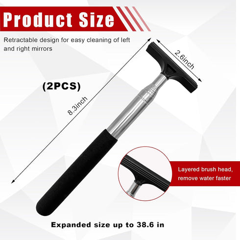 2PCS Car Rearview Mirror Wiper, Retractable Auto Side Mirror Squeegee, Portable Water Cleaner Tool with Telescopic Long Rod, Universal Car Accesso...