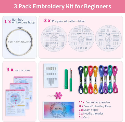 ETSPIL 3 Sets Embroidery kit for Beginners Adults?Learn 33 Different Stitches DIY Kits ?includes Stamped Flower Pattern, Hoop, Color Threads,Tools...