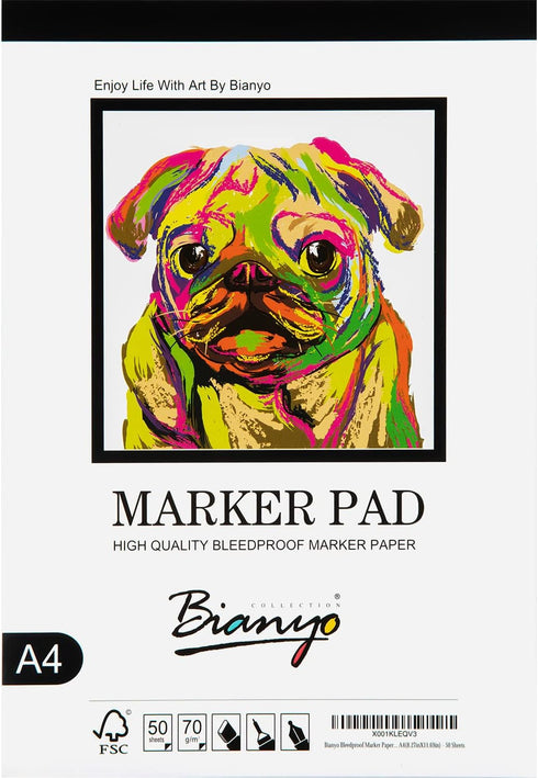 Bianyo Bleedproof Marker Paper Pad, A4(8.27"X11.69"), 50 Sheets, 18 LB / 70 GSM, Glue-Bound, 100% Cotton, White, Ideal for Use with Markers and In...