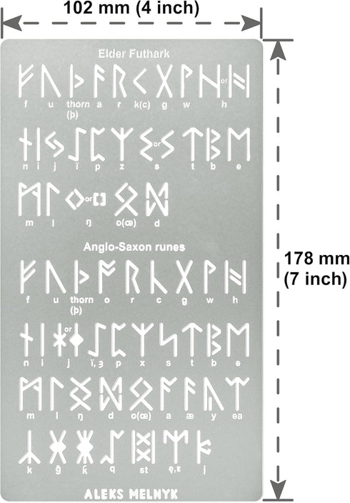 Aleks Melnyk No.409 Metal Stencil, Elder Futhark and Anglo-Saxon Runes 0.5in, Ancient Alphabet, Sigil Magic Alphabet Stencil 1 PC, Template Wood B...