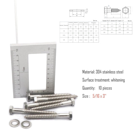 10pcs Hex Head Lag Screws, 5/16" x 3" Hexagon Head Wood Screws (Partially Threaded), 304 Stainless Steel Lag Bolts, Silvery...
