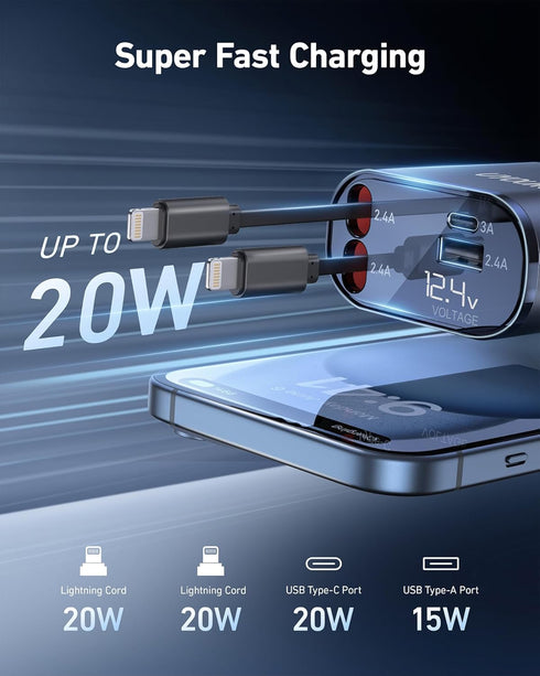 iPhone Car Charger 4 in 1 Fast USB Car Phone Charger 20W Double Lightning Retractable Cables 31.5 Inch and 2 USB Ports Car Charger Adapter for iPh...