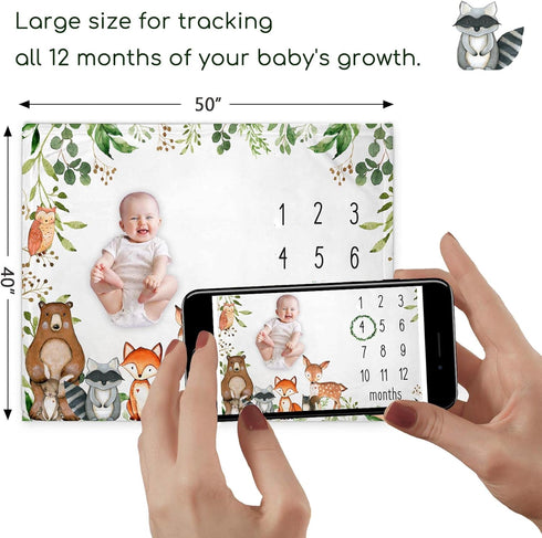 Woodland Baby Monthly Milestone Blanket, Woodland Animals Baby Growth Chart Monthly Blanket, Watch Me Grow Baby Woodland Forest Nursery for New Mo...