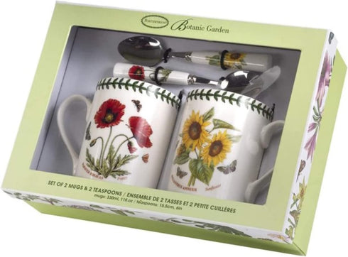Portmeirion Botanic Garden Mug & Teaspoon Set - Ceramic Mugs & Stainless Steel Spoons - Poppy & Sunflower Motifs, Chip-Resistant Glaze, Dishwasher...