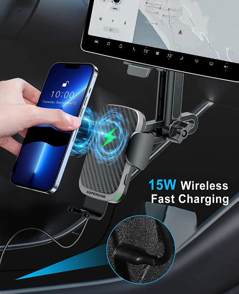 SUPERONE Designed for Tesla Wireless Car Charger Mount Compatible with Model 3 & Model Y, 15W Qi Fast Charging Auto-Clamping Car Mount for iPhone ...